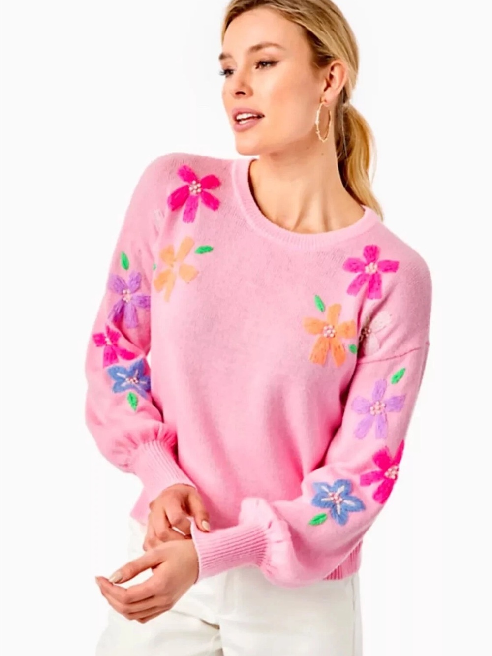 Lilly Pulitzer Laletta Sweater Floral Embroidery Calla Lilly Pink, Size XS